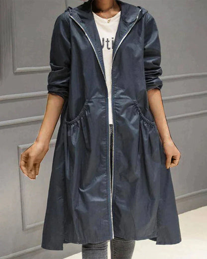 Women’s Waterproof Jacket – Relaxed Fit – Knee Length – Hooded – Zip Front – Pocketed