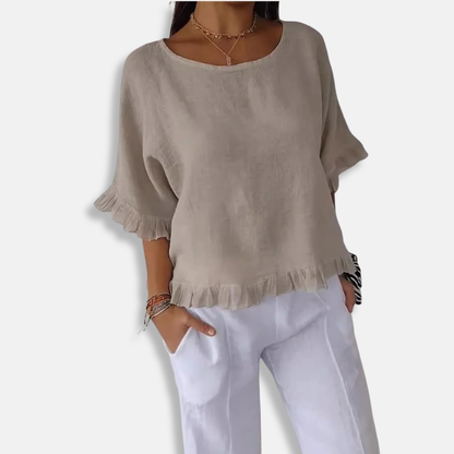 Women’s Blouse – Loose Fit – Short Sleeve – Ruffle Detail – Lightweight Woven