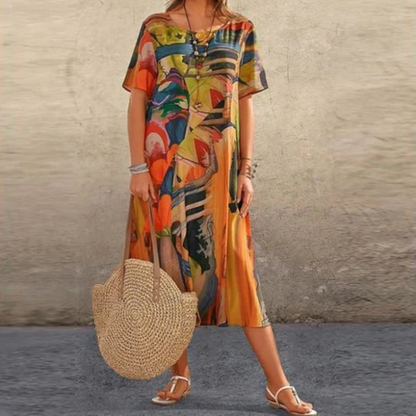 Women's Midi Dress - Flowy Fit - Short Sleeve - Round Neck - Abstract Floral Print