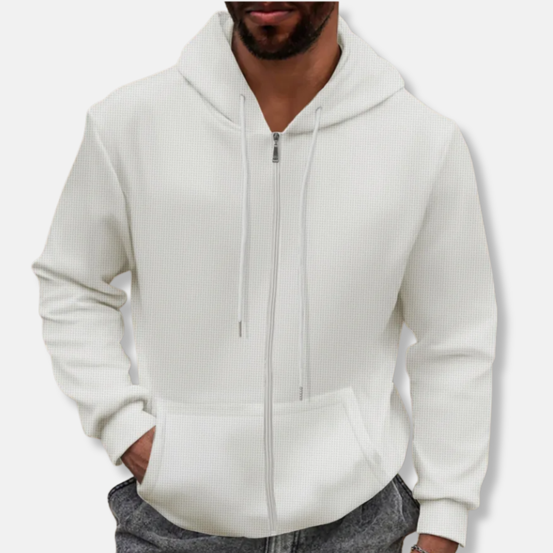 Men’s Full-Zip Hoodie – Waffle Knit – Relaxed Fit – Drawstring Hood – Kangaroo Pockets