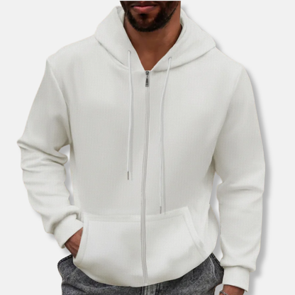 Men’s Full-Zip Hoodie – Waffle Knit – Relaxed Fit – Drawstring Hood – Kangaroo Pockets