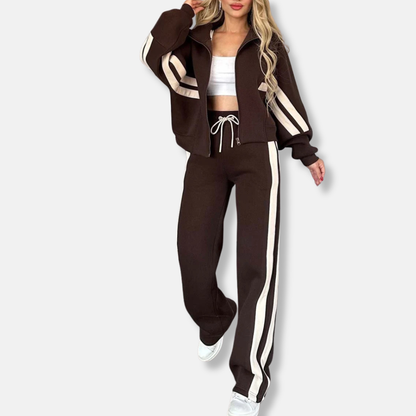 Women’s Jacket Set – Relaxed Fit – Cotton Blend – Striped Sleeve – Athleisure Wear