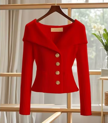 Women’s Short Cardigan – Fitted Knit – Ribbed Texture – Wide Collar – Gold Buttons
