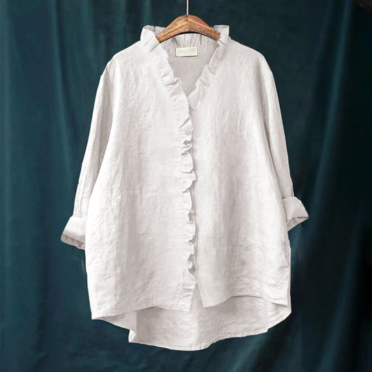 Women’s Blouse – Oversized Fit – Ruffle Trim – Rolled Sleeve
