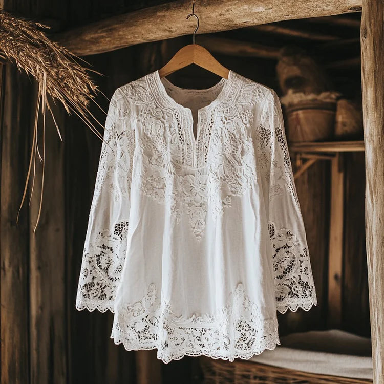 Women’s V-Neck Shirt – Relaxed Fit – Lace Embroidery – Long Sleeve – Cotton Blend