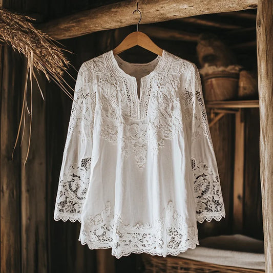 Women’s V-Neck Shirt – Relaxed Fit – Lace Embroidery – Long Sleeve – Cotton Blend