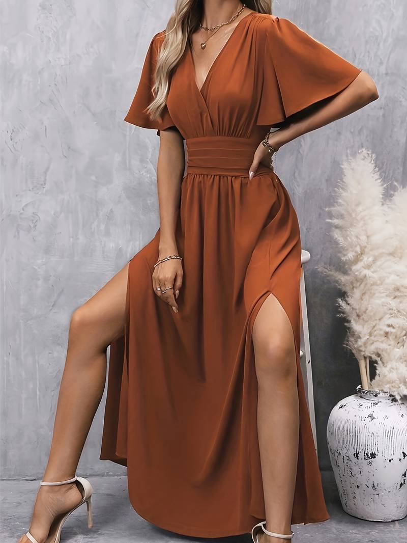 Women’s Midi Dress – Fit and Flare – Ruffled V-Neck – Pleated Waist – Side Slit