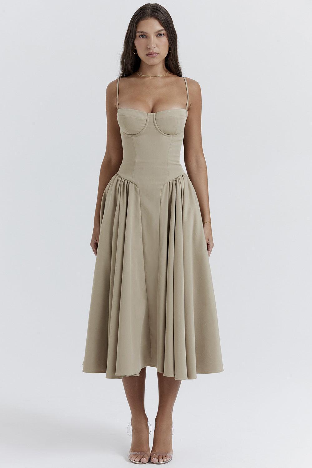 Women's Midi Dress - Sweetheart Neckline - Bustier Bodice - A-Line Flared Skirt
