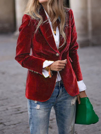 Women’s Blazer – Velvet Tailored Fit – Gold Button Accents – Classic Silhouette