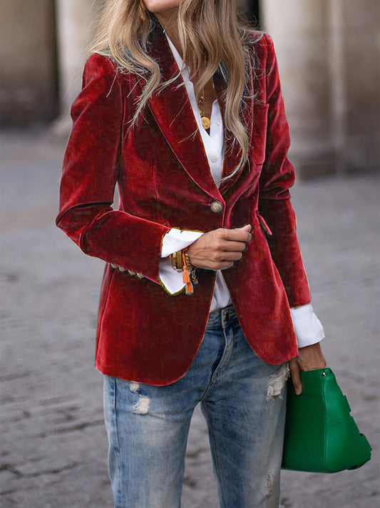 Women’s Blazer – Velvet Tailored Fit – Gold Button Accents – Classic Silhouette