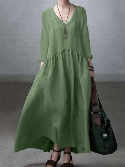 Women’s Maxi Dress – Natural Fibers – Relaxed Fit – V-Neck – Long Sleeve Flowing Style