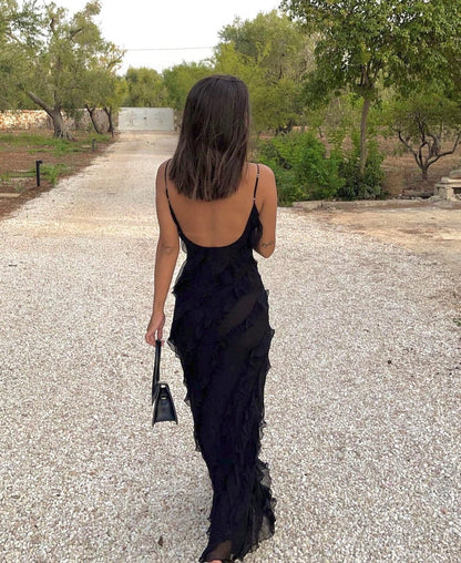 Women’s Maxi Dress – Slim Fit – Chiffon Feel – Spaghetti Straps – Ruffle Detail