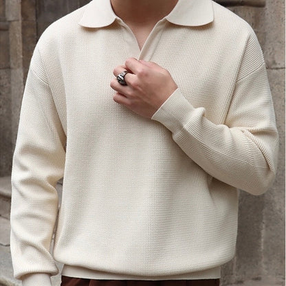 Men’s Knit Pullover Top – Relaxed Fit – Long Sleeve – Buttonless Polo Collar