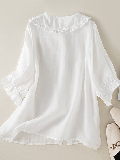 Women’s Blouse – Cotton Linen Blend – Loose Fit – Ruffle Collar – 3/4 Sleeve