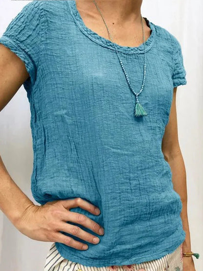 Women’s Casual Tee – Relaxed Fit – Crinkled Texture – Short Sleeve Breathable Fabric