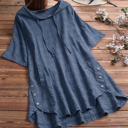Women’s T-Shirt – Relaxed Fit – Tunic Length – Button Detail – Soft Breathable Blend