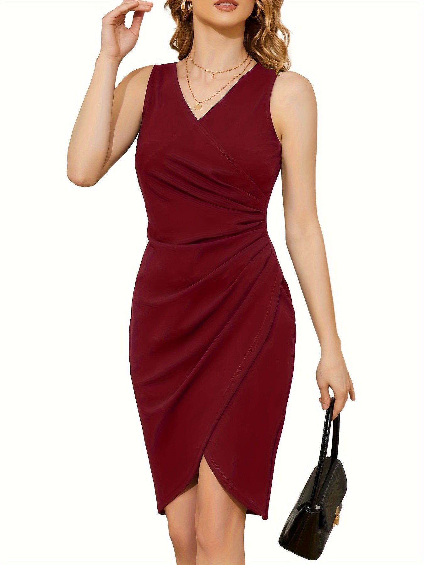 Women’s Wrap Dress – Sleeveless V-Neck – Asymmetrical Hem – Elegant & Flattering Fit