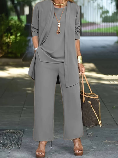 Women's Draped Jacket and Wide-Leg Trousers Set - Jersey - Relaxed Silhouette