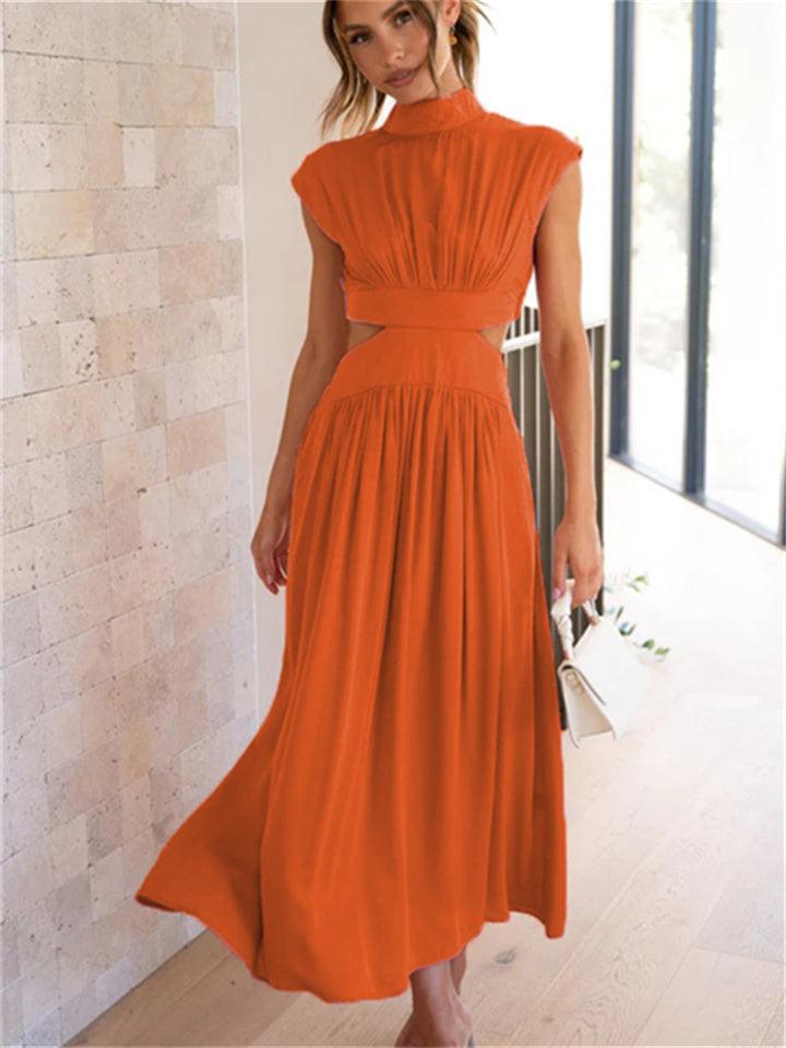 Women's Maxi Dress - Sleeveless A-Line - High Neck - Waist Cutout - Flowy Lightweight