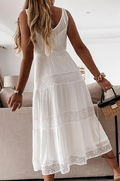 Women's Maxi Dress - Sleeveless Crochet Lace Bodice - Tiered Flowy Skirt
