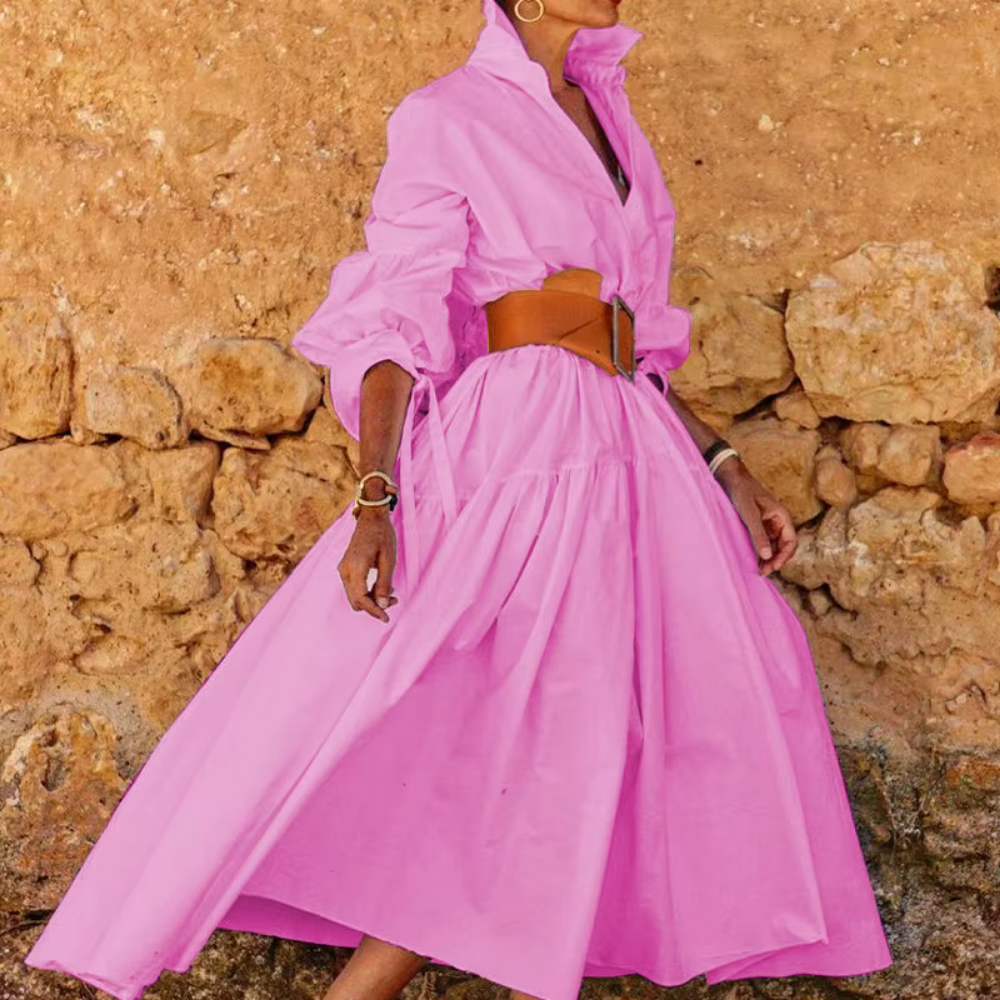 Women’s Shirt Dress – Flared A-Line Fit – Belted Waist – Puff Sleeves – Cotton Blend