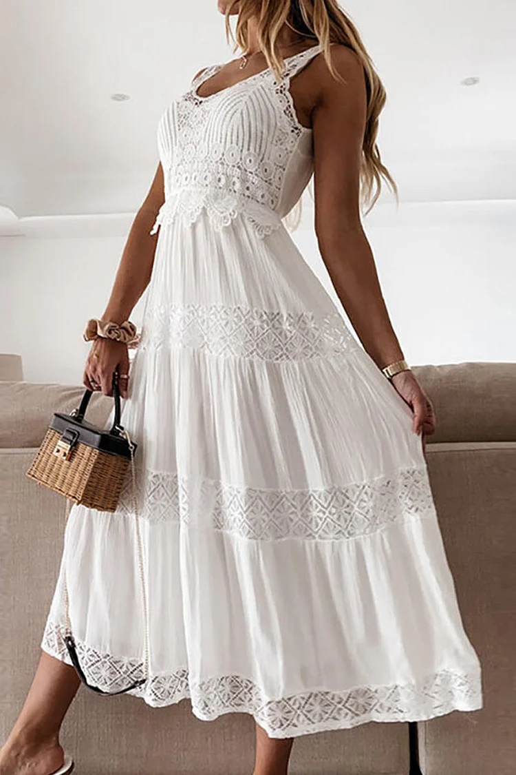 Women's Maxi Dress - Sleeveless Crochet Lace Bodice - Tiered Flowy Skirt