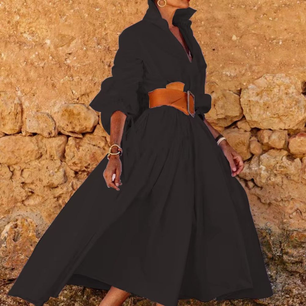 Women’s Shirt Dress – Flared A-Line Fit – Belted Waist – Puff Sleeves – Cotton Blend