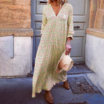 Women’s Maxi Dress – Geometric Print – V-Neck – Long Sleeve – Relaxed Fit – Breathable Blend