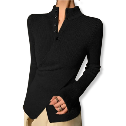 Women’s Knit Top – Slim Fit – High Neck – Long Sleeve – Asymmetric Hem – Button Detail