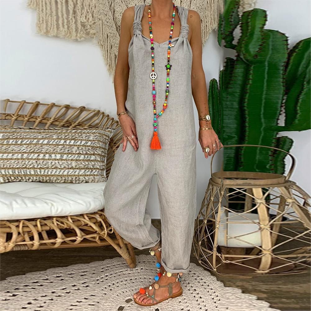 Women’s Jumpsuit – Relaxed Fit – Breathable Blend – Knotted Straps – Open Back Design