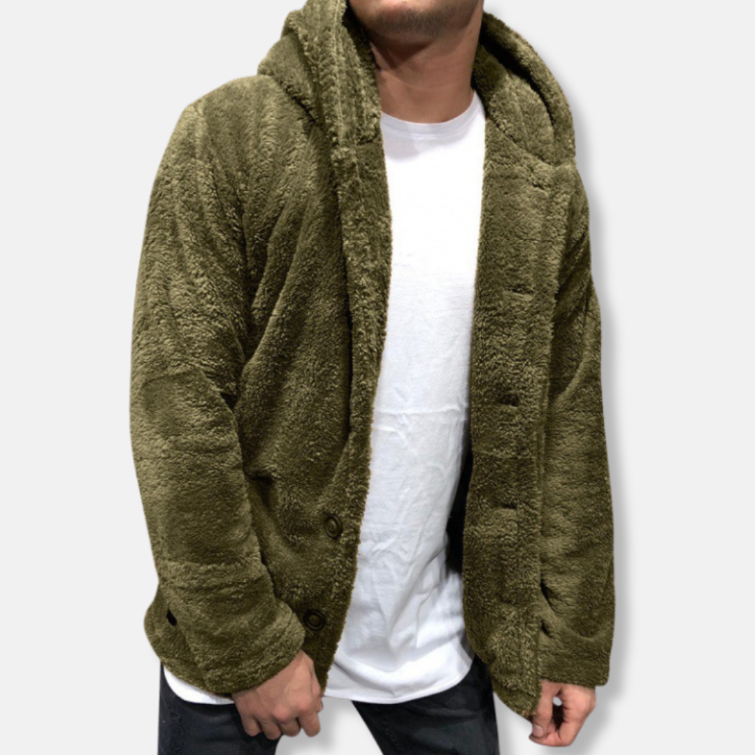 Men’s Hooded Jacket – Fleece Feel – Relaxed Fit – Button Front Casual Layer