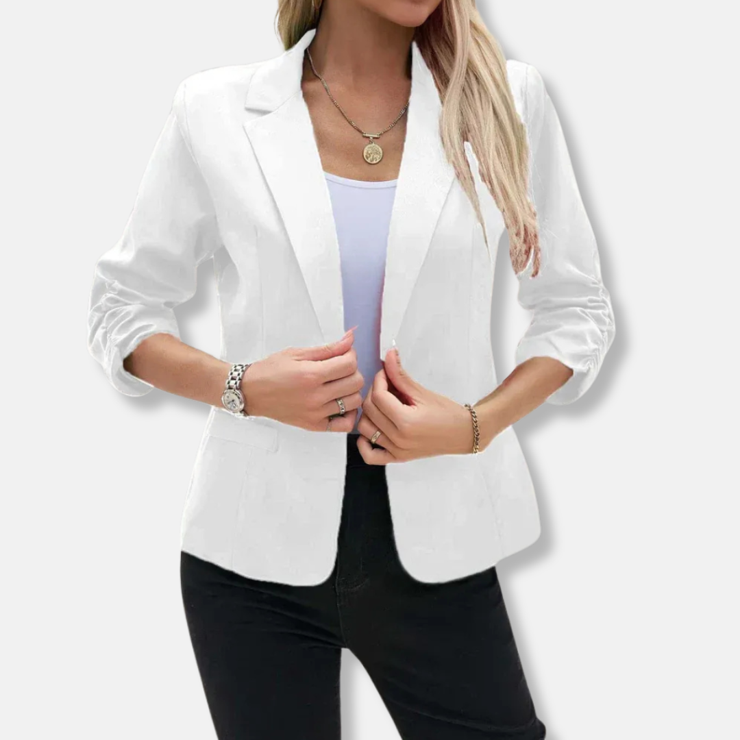 Women’s Blazer – Tailored Fit – Open Front – Three-Quarter Ruched Sleeves – Hip Length
