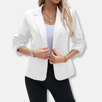 Women’s Blazer – Tailored Fit – Open Front – Three-Quarter Ruched Sleeves – Hip Length