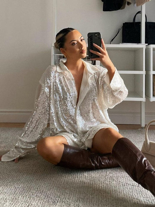 Women’s Oversized Shirt – Glitter Effect – Long Sleeve – Button-Down Relaxed Fit