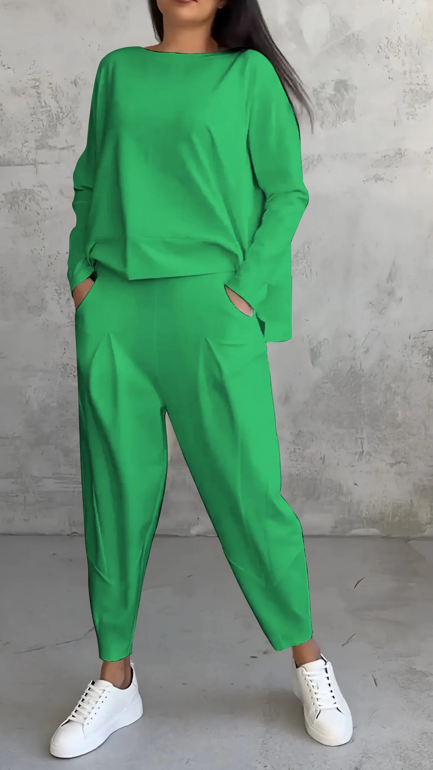 Women’s Two-Piece Set – Relaxed Fit – Long Sleeve Top – Tapered Harem Pants – Breathable Cotton