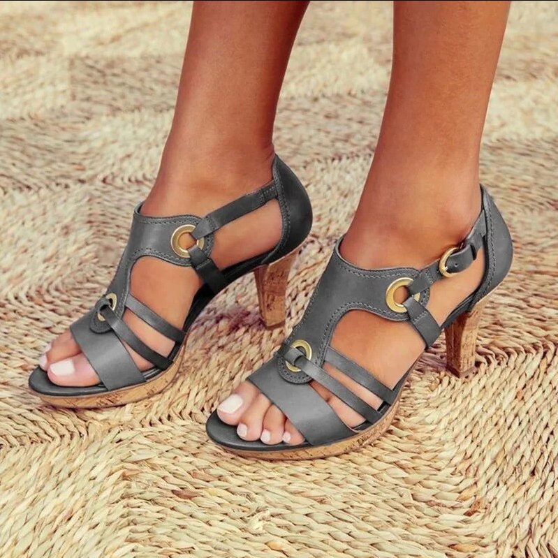 Women’s Sandals – Open Toe Block Heel – Cork Sole – Strappy Modern Design