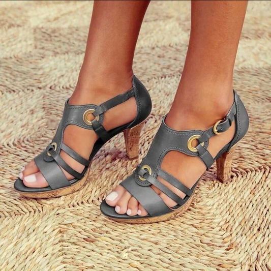 Women’s Sandals – Open Toe Block Heel – Cork Sole – Strappy Modern Design