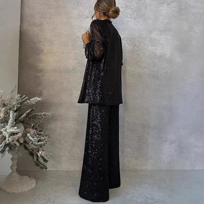 Women’s Two-Piece Set – Sequin Tailored Jacket – High-Waisted Wide-Leg Pants