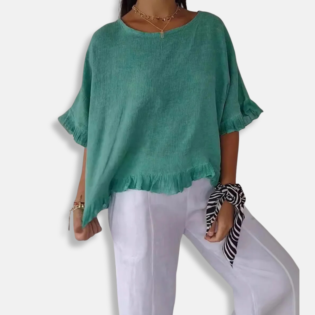 Women’s Blouse – Loose Fit – Short Sleeve – Ruffle Detail – Lightweight Woven