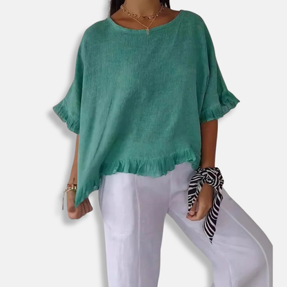 Women’s Blouse – Loose Fit – Short Sleeve – Ruffle Detail – Lightweight Woven