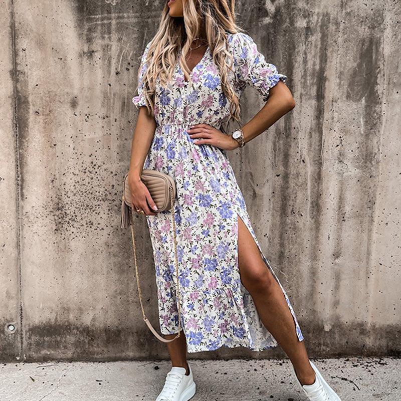 Women's Midi Dress - V-Neck - Short Puff Sleeves - Fitted Waist - Side Slit