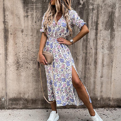 Women's Midi Dress - V-Neck - Short Puff Sleeves - Fitted Waist - Side Slit