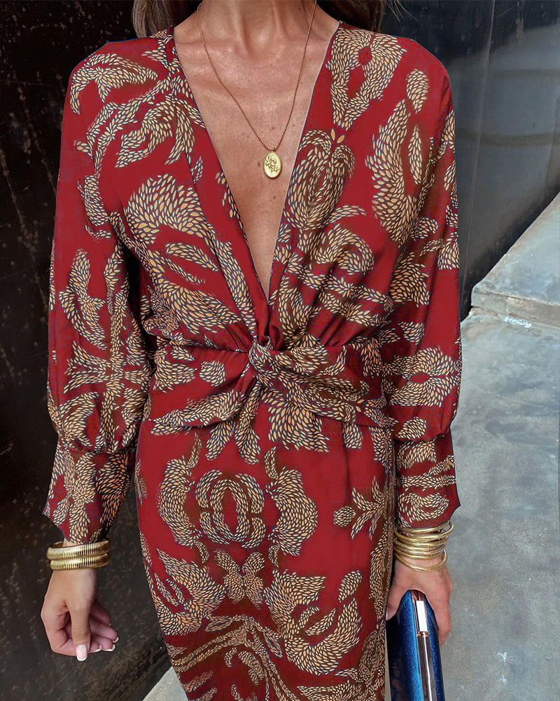 Women's Maxi Dress - V-Neck Long Sleeve - Twist Knot Waist - Elegant Formal Wear