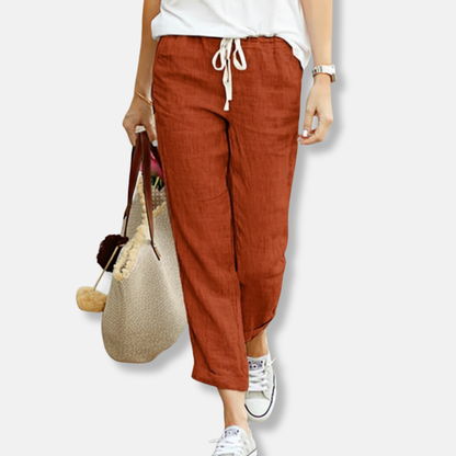 Women’s Trousers – Linen – Relaxed Fit – Drawstring Waist – Full Length Casual Wear