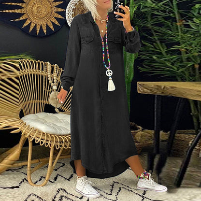 Women’s Maxi Shirt Dress – Relaxed Fit – Cotton Feel – Button-Up – Long Sleeve