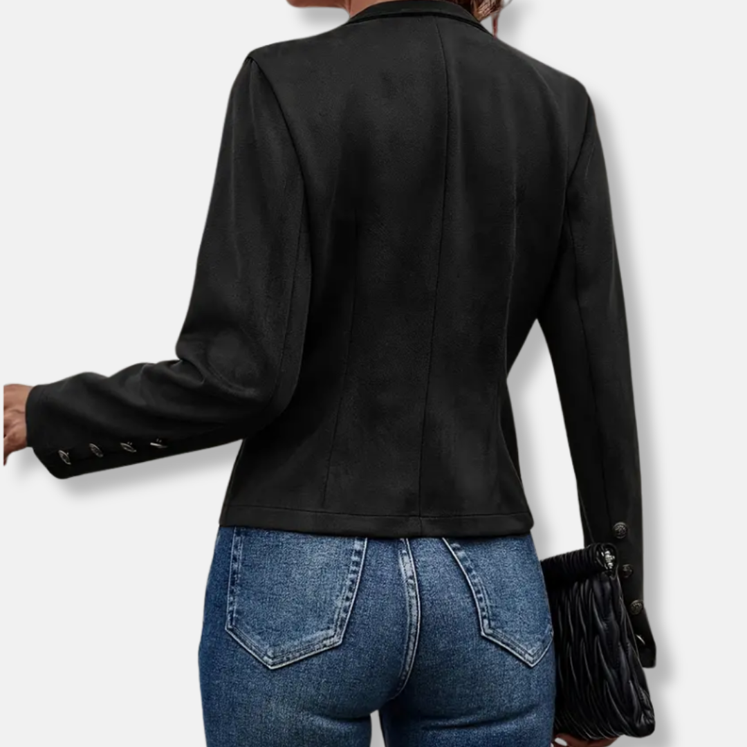 Women’s Cropped Jacket – Slim Fit – Double-Breasted – Mandarin Collar – Wool Blend