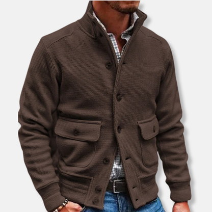 Men’s Jacket – Slim Fit – High Collar – Soft Textured Fabric – Button Front – Flap Pockets