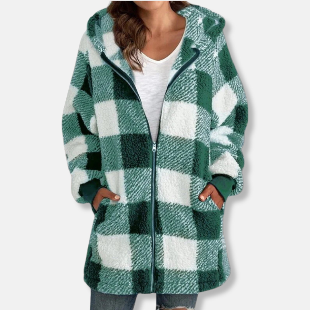 Sienna Oversized Hooded Jacket | Check Print Thigh-Length Jacket