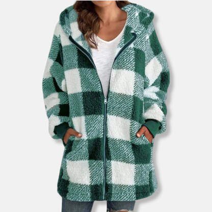 Sienna Oversized Hooded Jacket | Check Print Thigh-Length Jacket