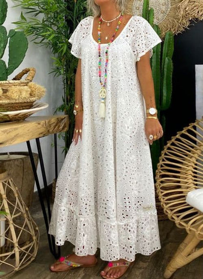 Women’s Maxi Dress – Natural Fibers – Relaxed Fit – Eyelet Embroidery – Flared Skirt